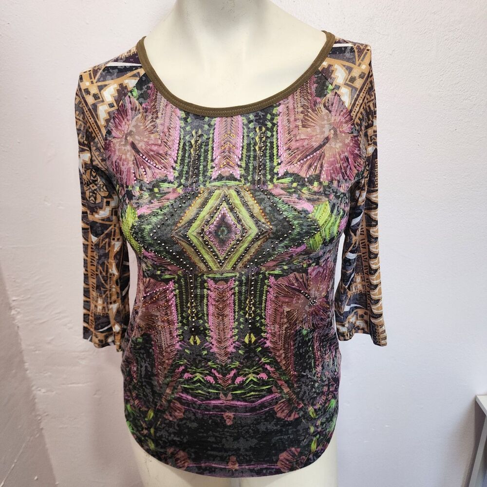 Custo Barcelona Y2K Art To‎ Wear Aztec Rhinestone Blouse Womens Sz Small Western